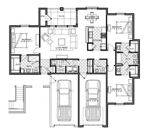 Floor plan for 3 beds, 2 baths, 1531 sqft